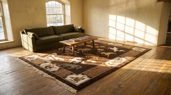 Brown room size horse pattern antique chinese wool animal rug 8 Brown room size horse pattern antique chinese wool animal rug (sku 25080) - room view
