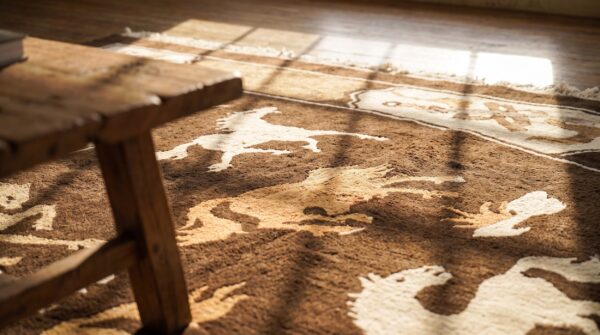 Brown room size horse pattern antique chinese wool animal rug 9 Brown room size horse pattern antique chinese wool animal rug (sku 25080) - in-room detail