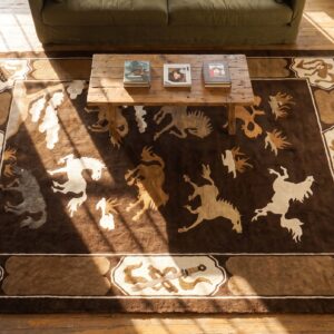 Brown Room Size Horse Pattern Antique Chinese Wool Animal Rug (SKU 25080) - styled overhead view