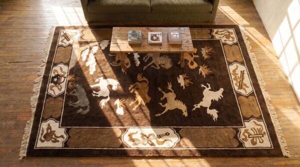Brown room size horse pattern antique chinese wool animal rug 2 Brown room size horse pattern antique chinese wool animal rug (sku 25080) - styled overhead view
