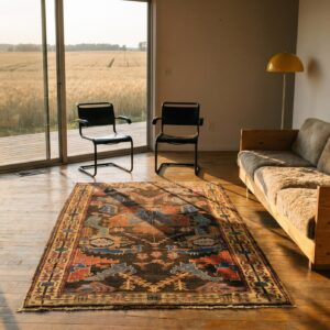 Brown Rustic Large Scale Tribal Design Antique Persian Bakhtiari Rug (SKU 18136) - room view