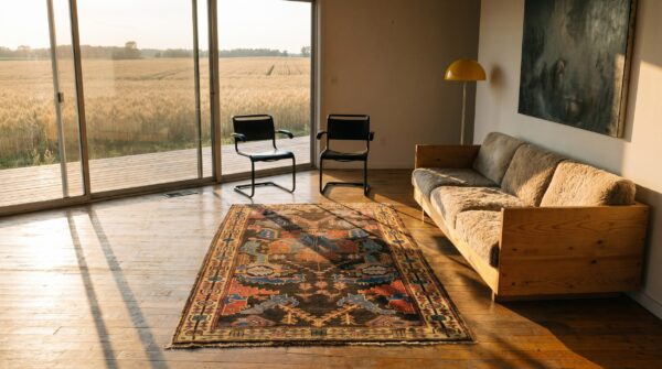 Brown rustic large scale tribal design antique persian bakhtiari rug 4 Brown rustic large scale tribal design antique persian bakhtiari rug (sku 18136) - room view