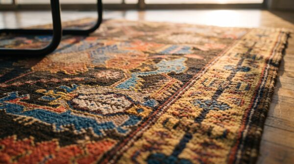 Brown rustic large scale tribal design antique persian bakhtiari rug 5 Brown rustic large scale tribal design antique persian bakhtiari rug (sku 18136) - in-room detail