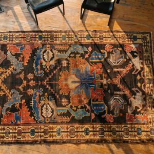 Brown Rustic Large Scale Tribal Design Antique Persian Bakhtiari Rug (SKU 18136) - styled overhead view