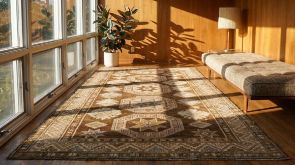 Brown antique tribal geometric caucasian karabagh long and narrow carpet 2 Brown antique tribal geometric caucasian karabagh long and narrow carpet (sku 19259) - styled overhead view