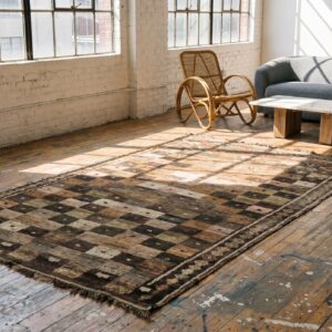 Brown Antique Tribal Geometric Checkerboard Pattern Wool Persian Gabbeh Rug (SKU 18929) - room view