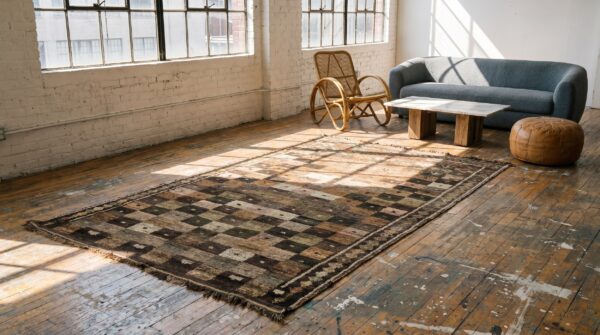 Brown antique tribal geometric checkerboard pattern wool persian gabbeh rug 7 Brown antique tribal geometric checkerboard pattern wool persian gabbeh rug (sku 18929) - room view