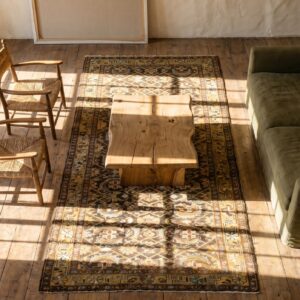 Brown Tribal Herati Pattern Antique Persian Malayer Rug (SKU 18928) - styled overhead view