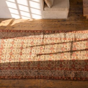 Antique Camel Color Tribal Mina Khani Design Persian Serab Hallway Runner Rug (SKU 19624) - styled overhead view