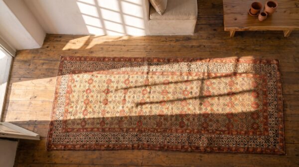 Antique camel color tribal mina khani design persian serab hallway runner rug 2 Antique camel color tribal mina khani design persian serab hallway runner rug (sku 19624) - styled overhead view