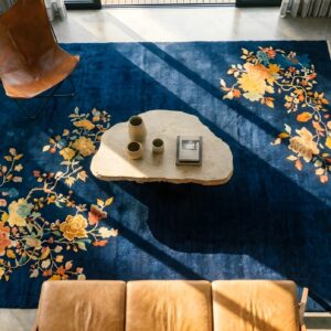 Captivating Midnight Blue Color Antique Deco Chinese Area Rug (SKU 25330) - styled overhead view