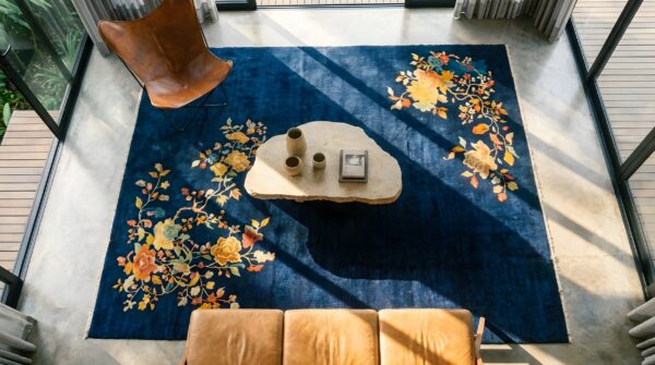 Captivating midnight blue color antique deco chinese area rug (sku 25330) - styled overhead view