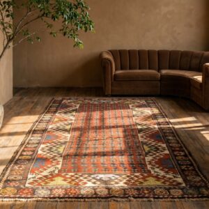 Casual Antique Coral Wool Pile Rustic Tribal Pattern Caucasian Kazak Rug (SKU 19881) - room view