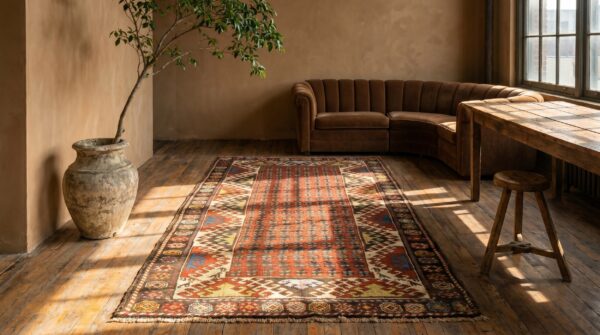 Casual antique coral wool pile rustic tribal pattern caucasian kazak rug 5 Casual antique coral wool pile rustic tribal pattern caucasian kazak rug (sku 19881) - room view