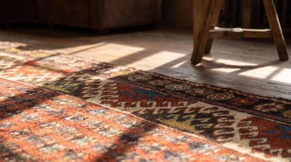 Casual antique coral wool pile rustic tribal pattern caucasian kazak rug 6 Casual antique coral wool pile rustic tribal pattern caucasian kazak rug (sku 19881) - in-room detail