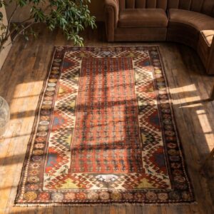 Casual Antique Coral Wool Pile Rustic Tribal Pattern Caucasian Kazak Rug (SKU 19881) - styled overhead view