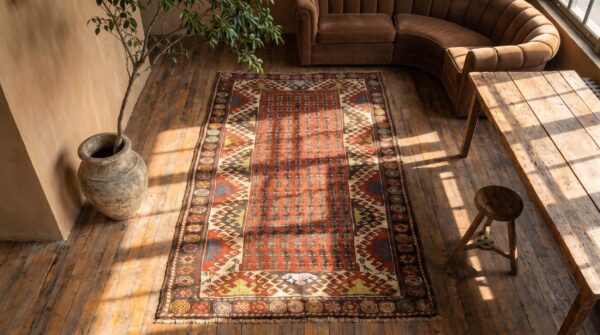 Casual antique coral wool pile rustic tribal pattern caucasian kazak rug 2 Casual antique coral wool pile rustic tribal pattern caucasian kazak rug (sku 19881) - styled overhead view