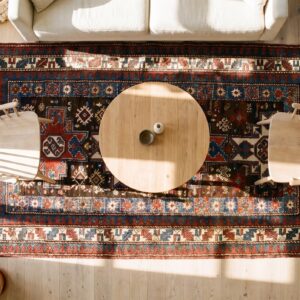 Antique Caucasian Rug 4'×8' Brown Tribal Geometric, 1890s (SKU 19104) - styled overhead view