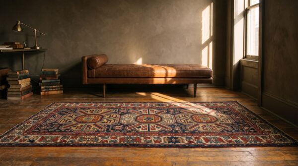 Antique caucasian allover geometric wool hand knotted pile blue 1880s rug 7 Antique caucasian allover geometric wool hand knotted pile blue 1880s rug (sku 21211) - room view
