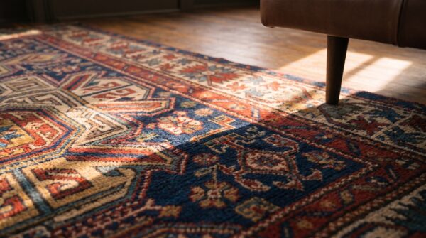 Antique caucasian allover geometric wool hand knotted pile blue 1880s rug 8 Antique caucasian allover geometric wool hand knotted pile blue 1880s rug (sku 21211) - in-room detail