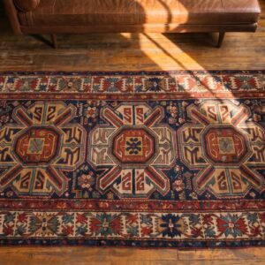 Antique Caucasian Allover Geometric Wool Hand Knotted Pile Blue 1880s Rug (SKU 21211) - styled overhead view