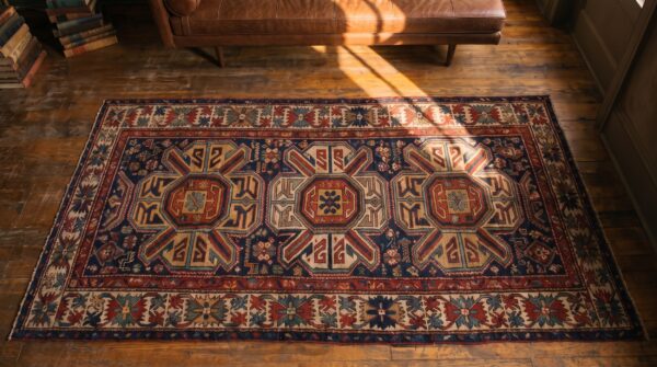 Antique caucasian allover geometric wool hand knotted pile blue 1880s rug 2 Antique caucasian allover geometric wool hand knotted pile blue 1880s rug (sku 21211) - styled overhead view