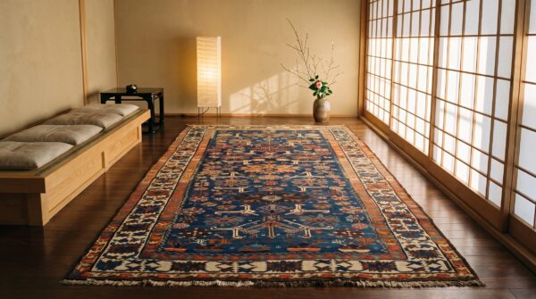 Antique caucasian allover geometric wool hand knotted pile blue 1900s rug 7 Antique caucasian allover geometric wool hand knotted pile blue 1900s rug (sku 21973) - room view