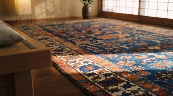 Antique caucasian allover geometric wool hand knotted pile blue 1900s rug 8 Antique caucasian allover geometric wool hand knotted pile blue 1900s rug (sku 21973) - in-room detail