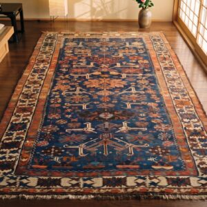 Antique Caucasian Allover Geometric Wool Hand Knotted Pile Blue 1900s Rug (SKU 21973) - styled overhead view