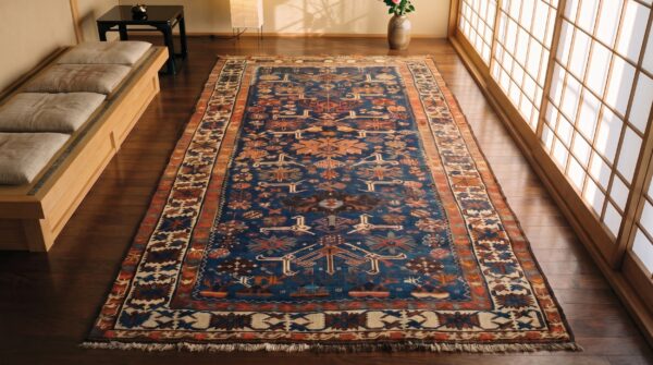 Antique caucasian allover geometric wool hand knotted pile blue 1900s rug 2 Antique caucasian allover geometric wool hand knotted pile blue 1900s rug (sku 21973) - styled overhead view