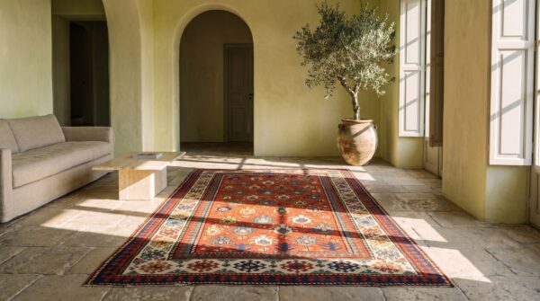 Antique caucasian allover geometric wool hand knotted pile coral 1880s rug 3 Antique caucasian allover geometric wool hand knotted pile coral 1880s rug (sku 21117) - room view