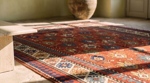 Antique caucasian allover geometric wool hand knotted pile coral 1880s rug 4 Antique caucasian allover geometric wool hand knotted pile coral 1880s rug (sku 21117) - in-room detail