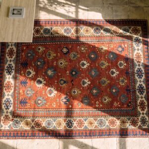 Antique Caucasian Allover Geometric Wool Hand Knotted Pile Coral 1880s Rug (SKU 21117) - styled overhead view