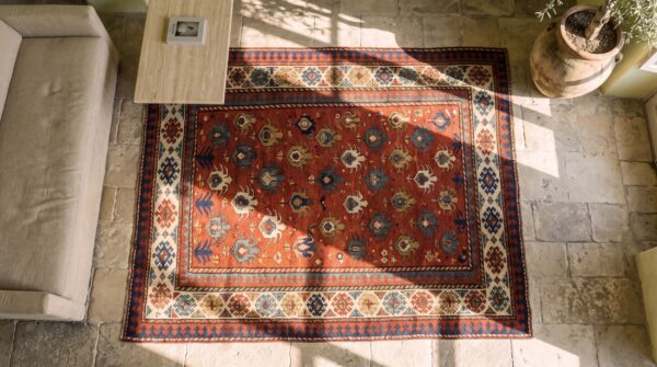 Antique caucasian allover geometric wool hand knotted pile coral 1880s rug 2 Antique caucasian allover geometric wool hand knotted pile coral 1880s rug (sku 21117) - styled overhead view