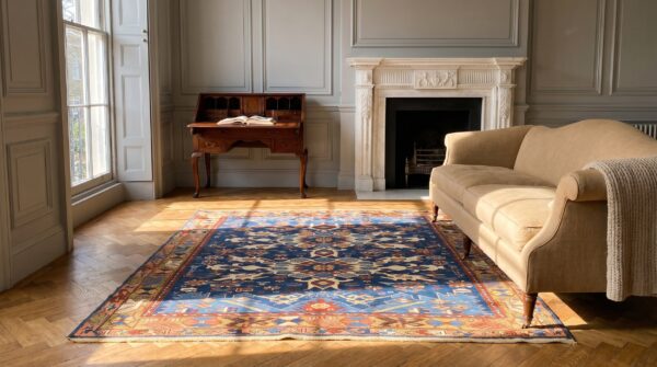 Antique caucasian bidjov small scatter size wool blue rug (sku 24514) - room view