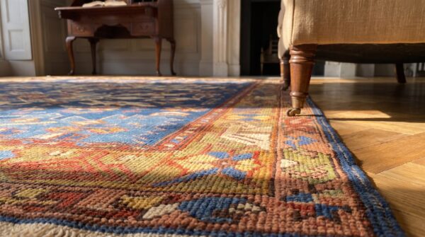Antique caucasian bidjov small scatter size wool blue rug (sku 24514) - in-room detail