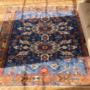 Antique Caucasian Bidjov Small Scatter Size Wool Blue Rug (SKU 24514) - styled overhead view
