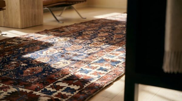 Antique caucasian blue tribal paisley wool hallway runner kazak rug 10 Antique caucasian blue tribal paisley wool hallway runner kazak rug (sku 25142) - in-room detail