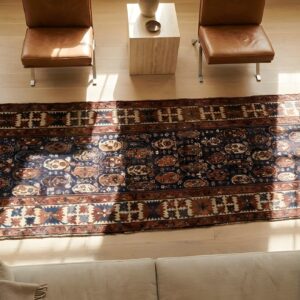 Antique Caucasian Blue Tribal Paisley Wool Hallway Runner Kazak Rug (SKU 25142) - styled overhead view