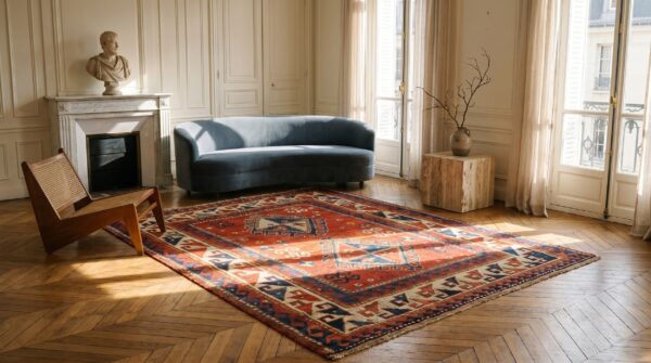 Antique caucasian wool coral hand knotted pile rug 4 Antique caucasian wool coral hand knotted pile rug (sku 20061) - room view