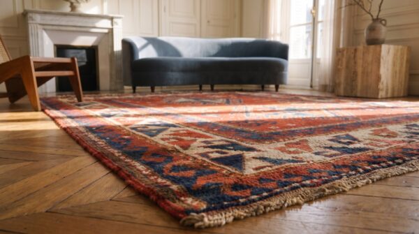 Antique caucasian wool coral hand knotted pile rug 5 Antique caucasian wool coral hand knotted pile rug (sku 20061) - in-room detail