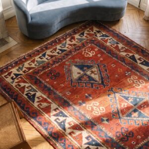 Antique Caucasian Wool Coral Hand Knotted Pile Rug (SKU 20061) - styled overhead view
