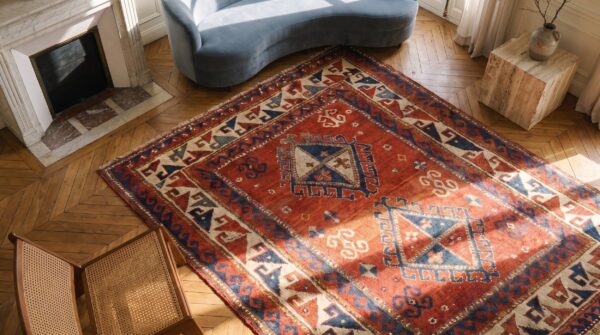 Antique caucasian wool coral hand knotted pile rug 2 Antique caucasian wool coral hand knotted pile rug (sku 20061) - styled overhead view