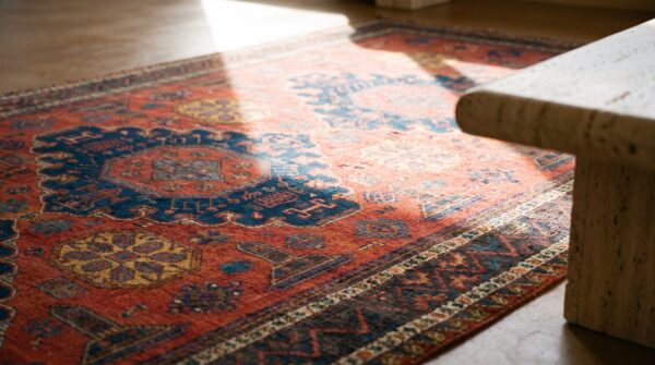 Antique caucasian - coral sumak caucasian knotted rug 5 Antique caucasian - coral sumak caucasian knotted rug (sku 17809) - in-room detail