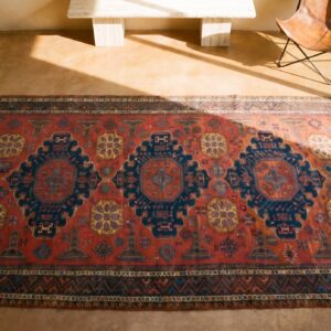 Antique Caucasian - Coral Sumak Caucasian Knotted Rug (SKU 17809) - styled overhead view