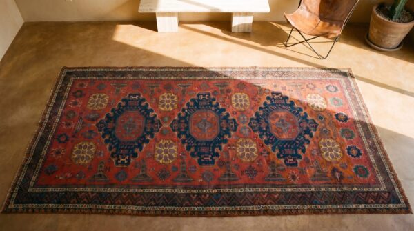 Antique caucasian - coral sumak caucasian knotted rug 2 Antique caucasian - coral sumak caucasian knotted rug (sku 17809) - styled overhead view