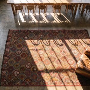 Antique Caucasian Flatweave Verneh Tribal Geometric Kilim Area Rug (SKU 22363) - styled overhead view