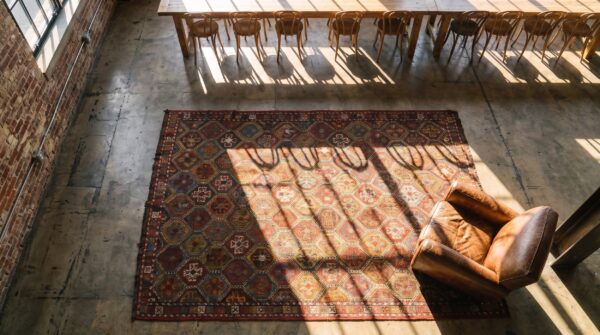 Antique caucasian flatweave verneh tribal geometric kilim area rug 2 Antique caucasian flatweave verneh tribal geometric kilim area rug (sku 22363) - styled overhead view
