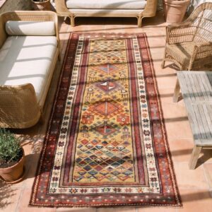 Antique Caucasian Ganjeh Yellow Wool Hallway Runner Rug (SKU 20413) - styled overhead view