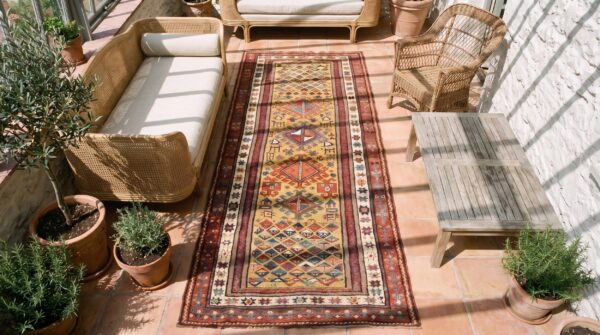 Antique caucasian ganjeh yellow wool hallway runner rug 2 Antique caucasian ganjeh yellow wool hallway runner rug (sku 20413) - styled overhead view
